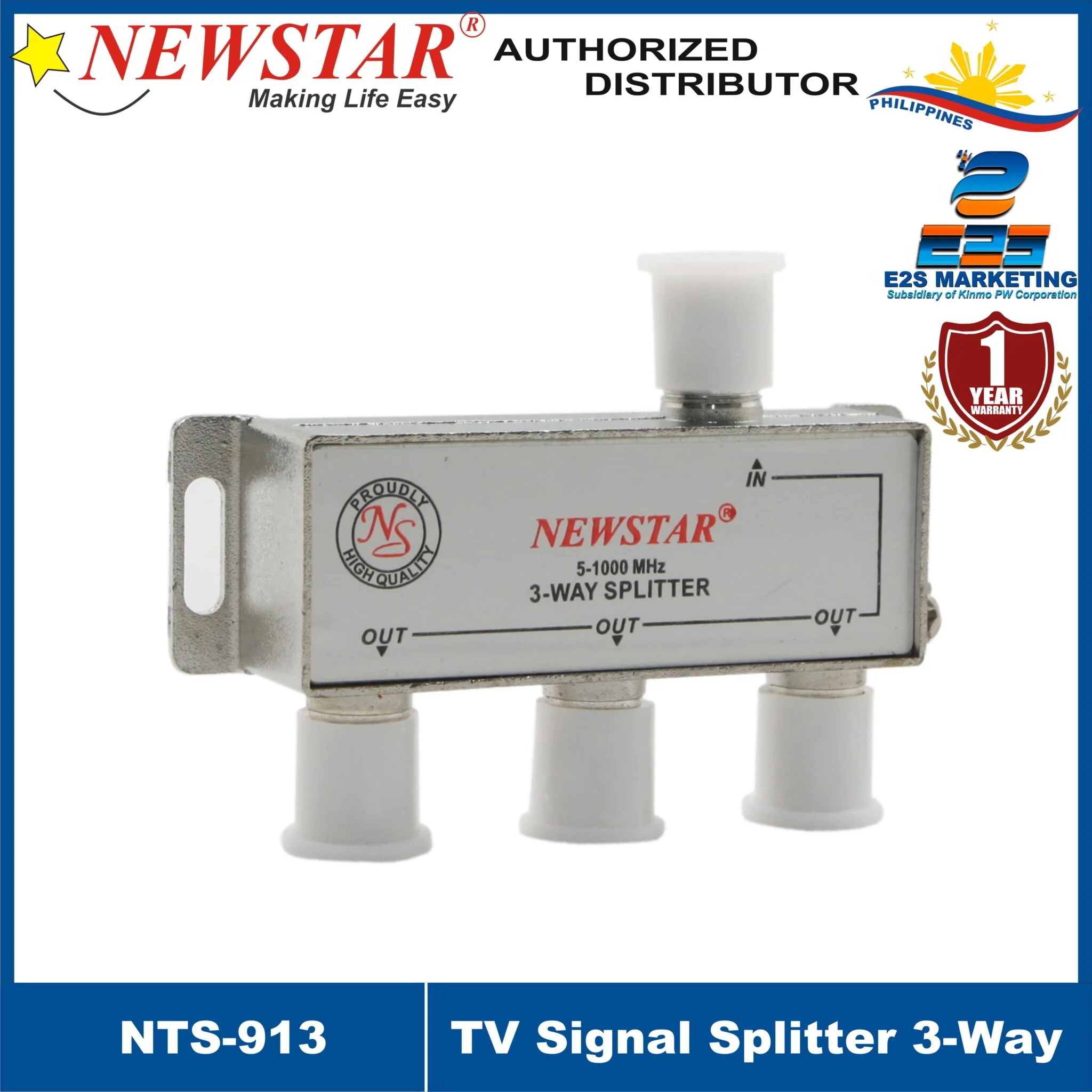 Newstar TV Signal Splitter 3 Way 5-1000MHz w/ Connectors (Silver) NTS-913